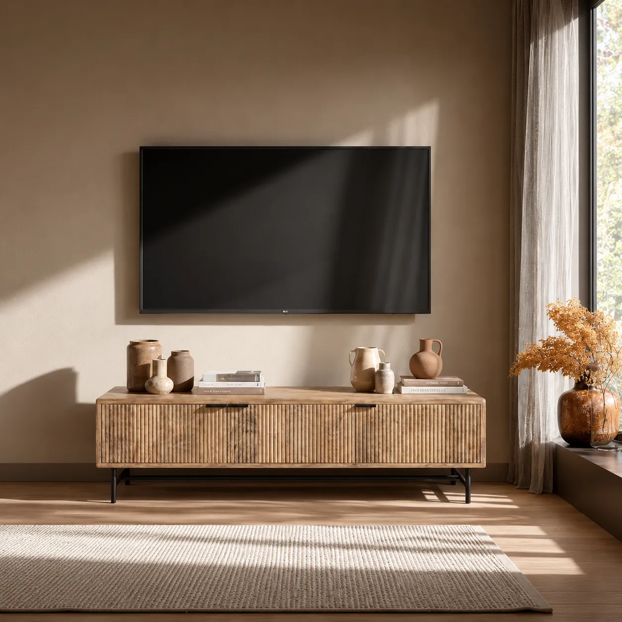 Mueble TV Mundra de madera de mango con tres puertas, relieve vertical y patas de metal negro