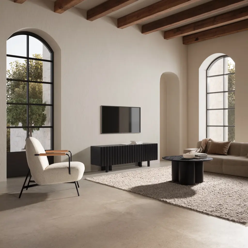 Mueble TV Tamira Negro de madera de mango con cuatro puertas y frontal acanalado