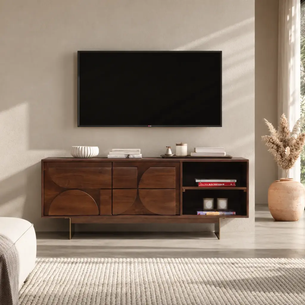 Mueble TV Trisha Marrón de madera de mango con dos puertas, dos huecos abiertos y relieves geométricos