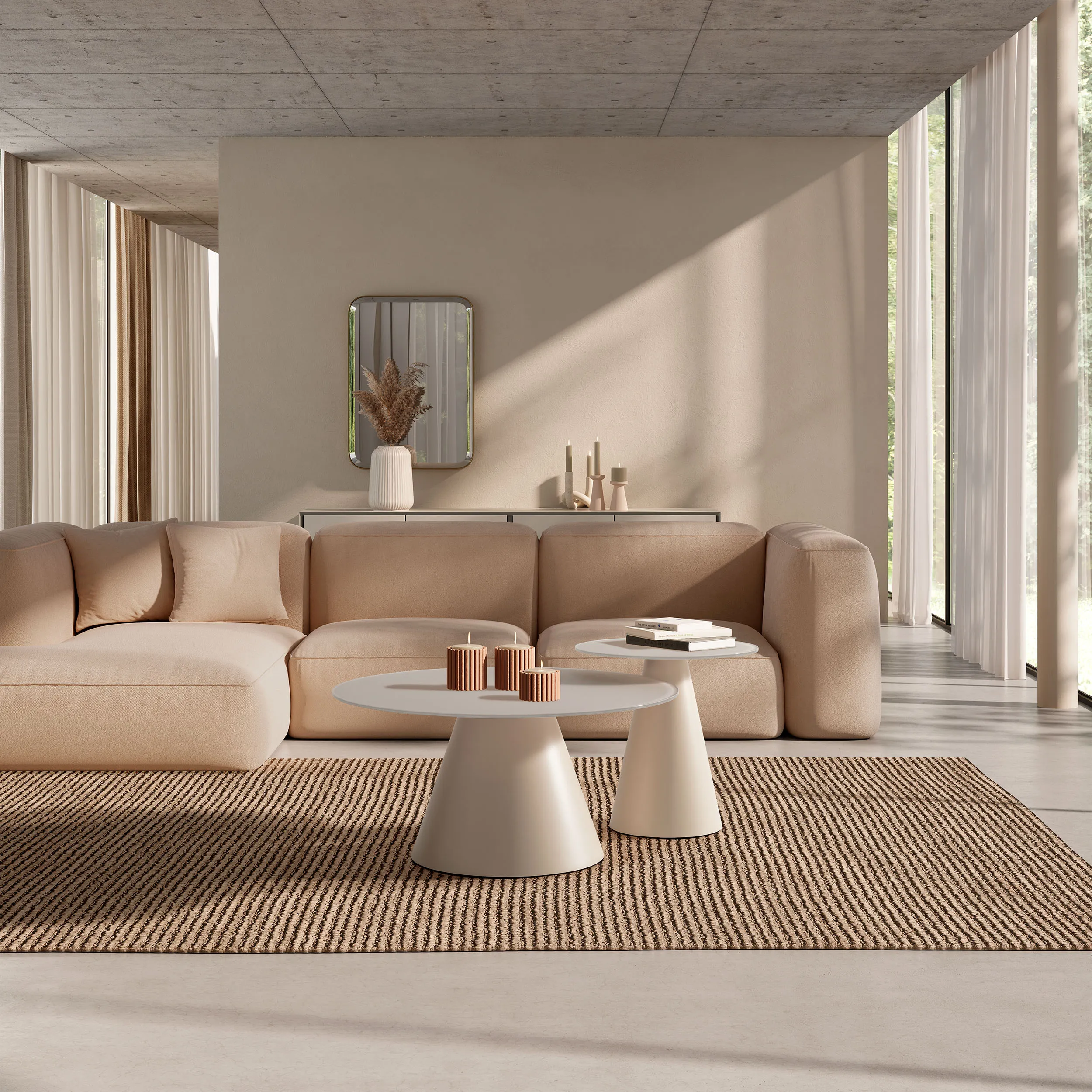 Set de dos mesas de centro Vida crema redondas para salón con diseño contemporáneo