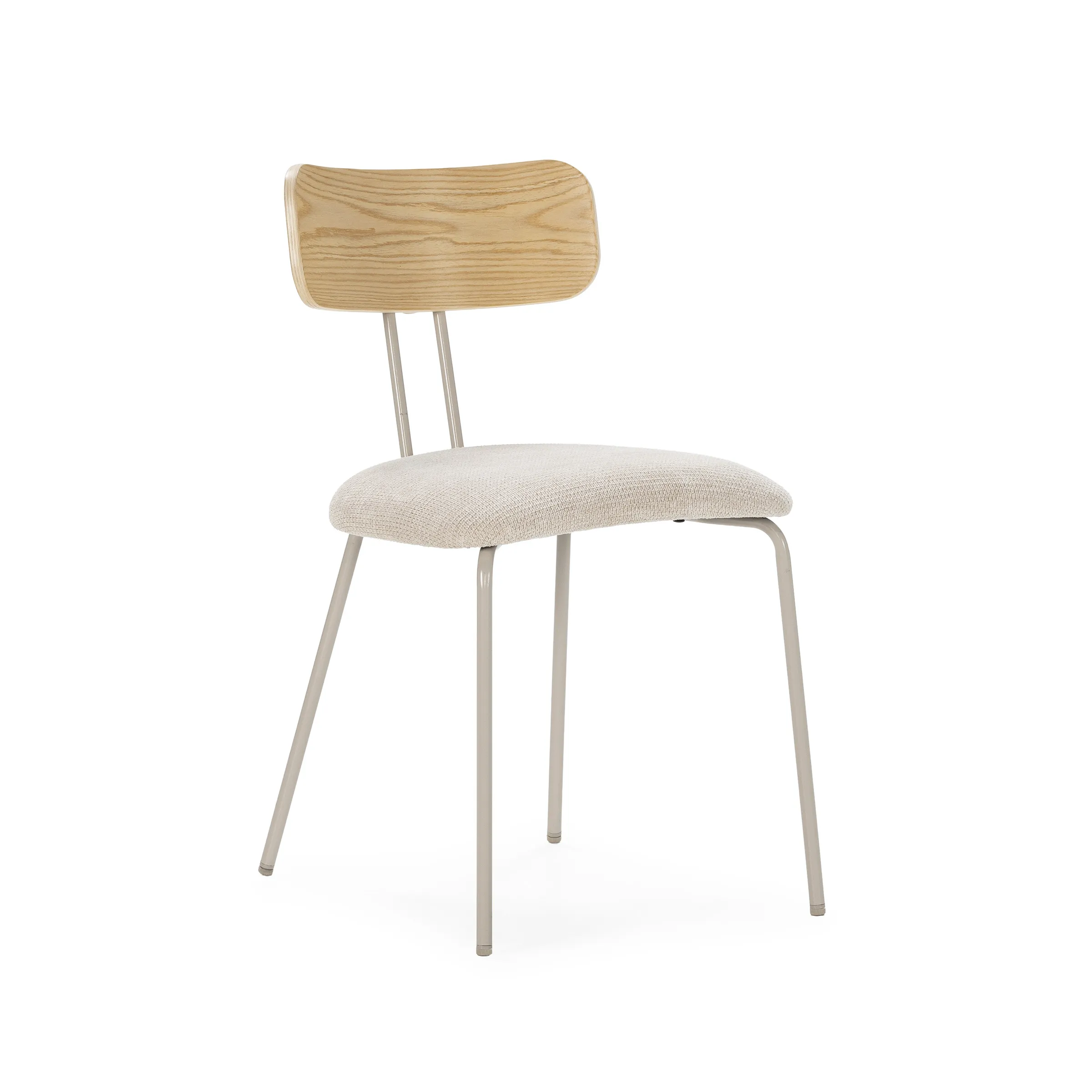 Silla Olimpia Beige con respaldo de roble y patas de metal gris. Diseño contemporáneo, natural y confortable para comedor.