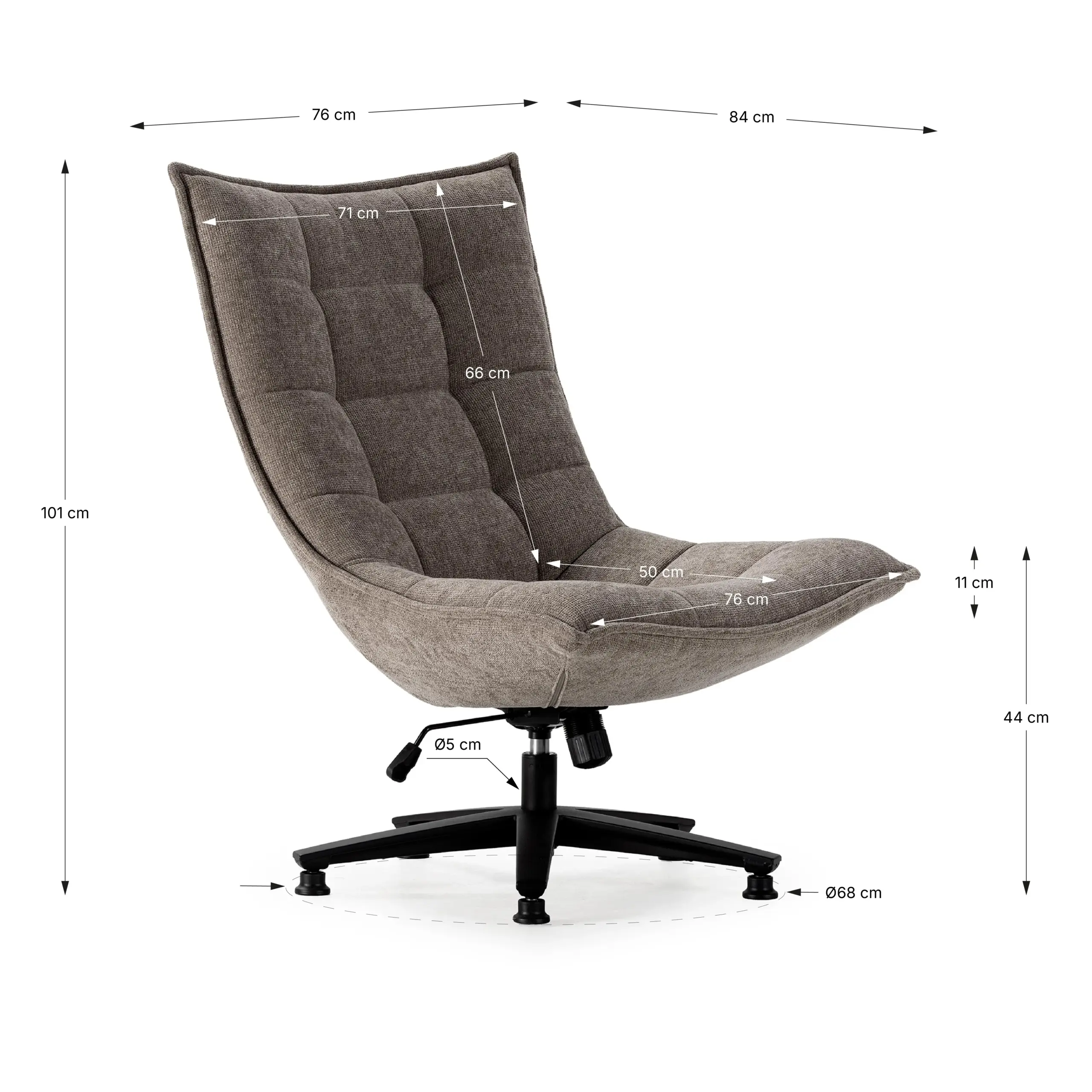 Sillón Cave Taupe acolchado con base metálica negra giratoria - medidas