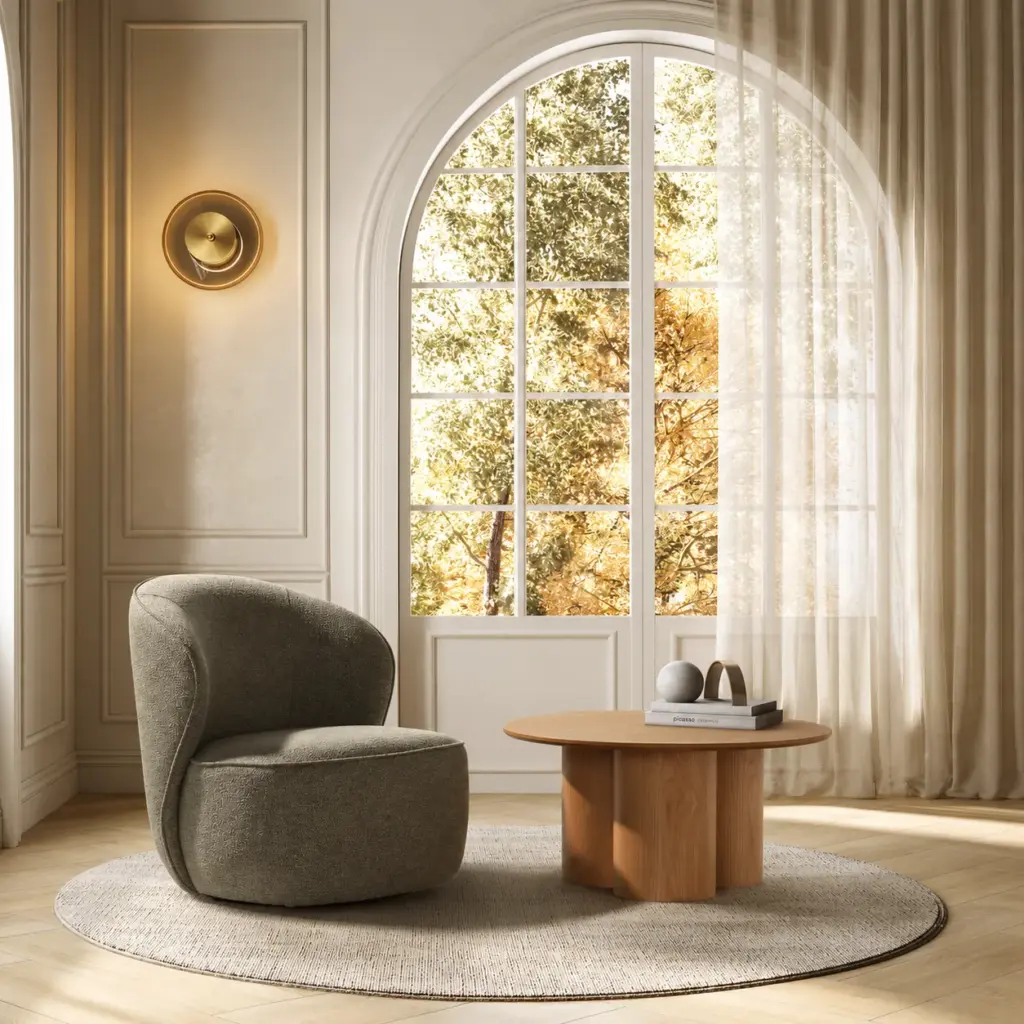 Sillón Edna Gris tapizado con formas envolventes y diseño giratorio para salón