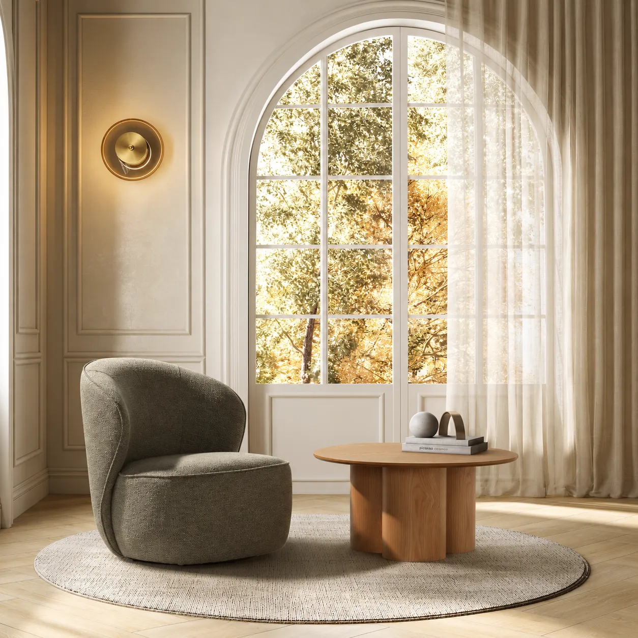 Sillón Edna Gris tapizado con formas envolventes y diseño giratorio para salón