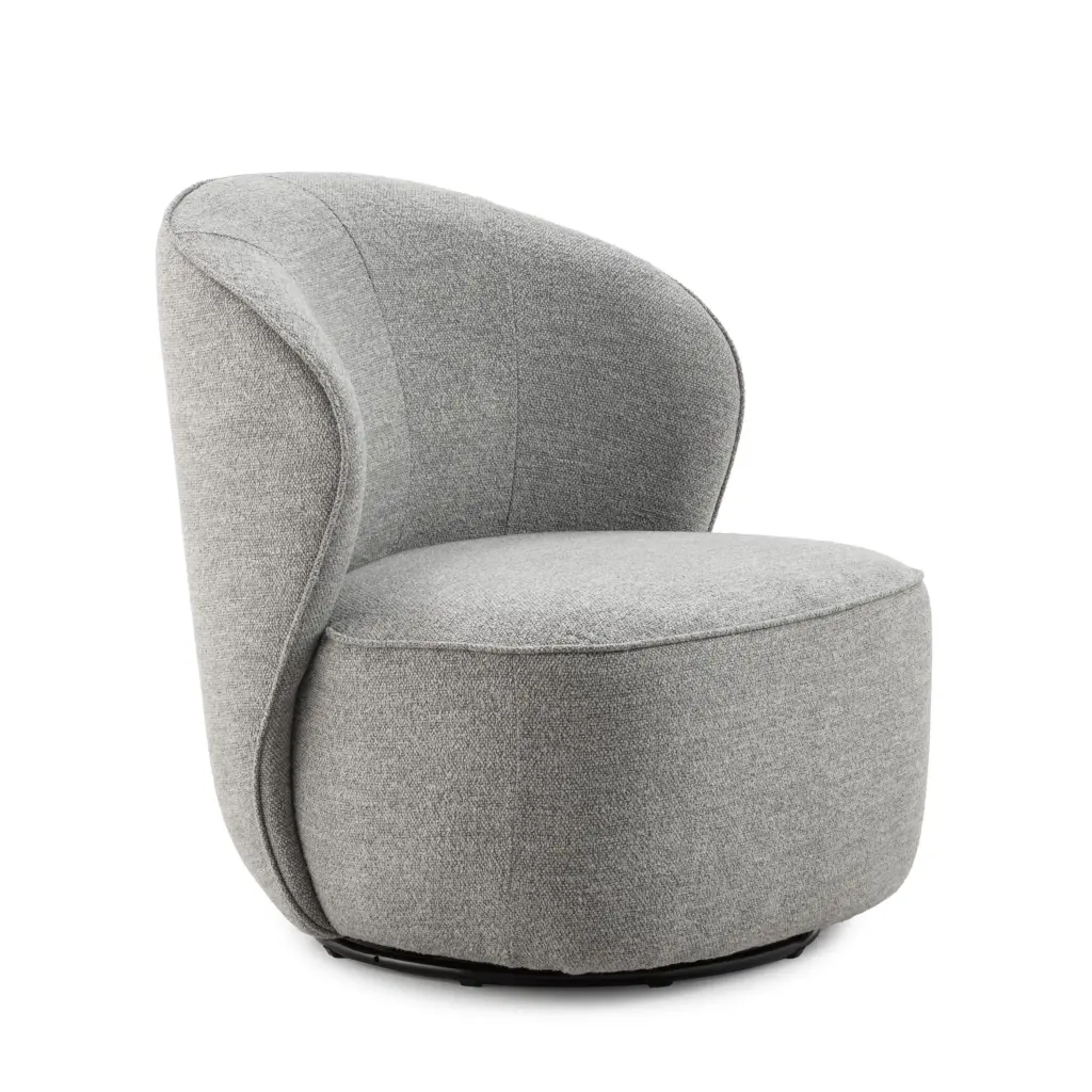 Sillón Edna Gris tapizado con formas envolventes y diseño giratorio para salón