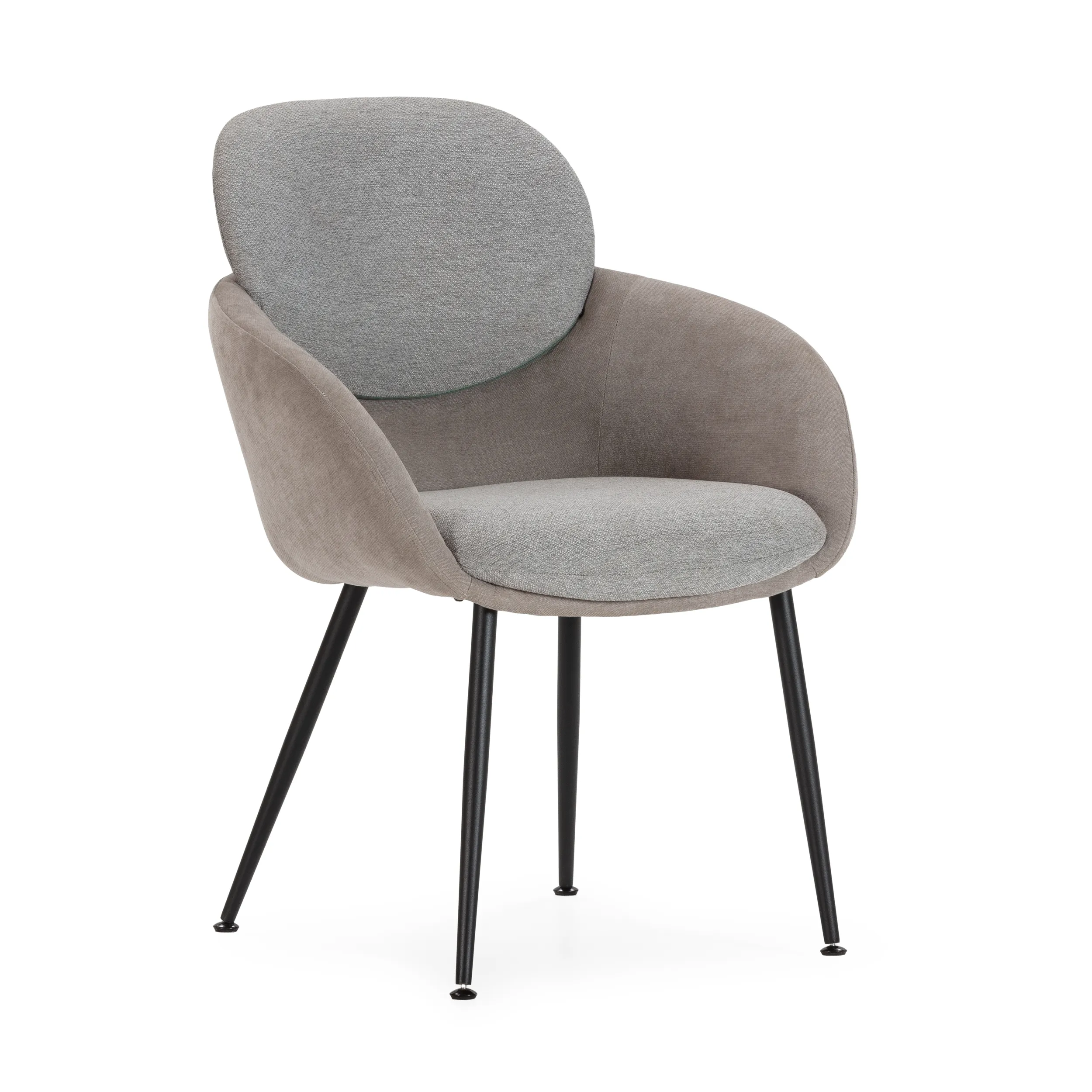 Sillón Nure Gris tapizado con respaldo redondeado, reposabrazos y patas metálicas negras