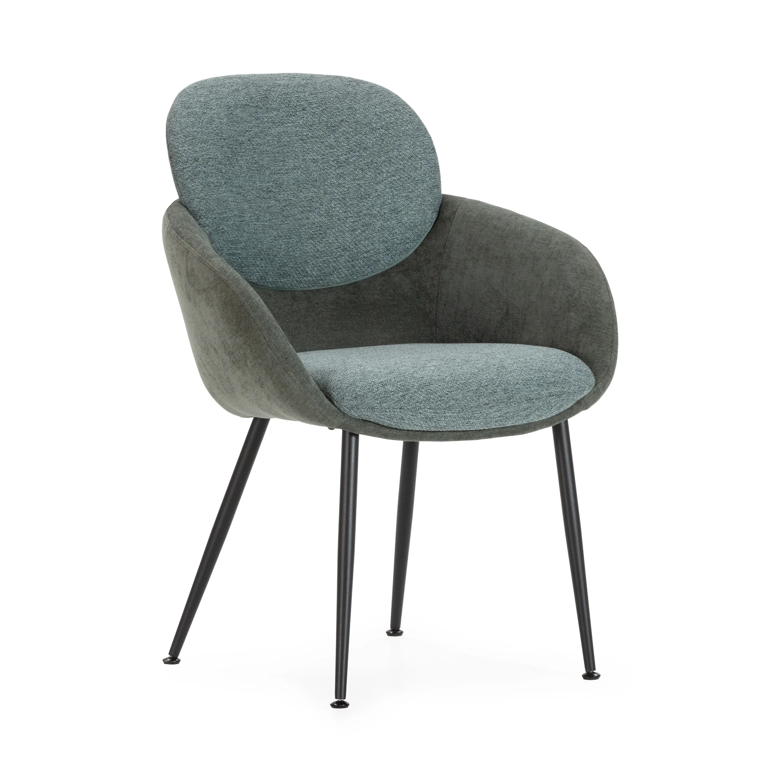 Sillón Nure Verde Bosque tapizado con respaldo redondeado, reposabrazos y patas metálicas negras