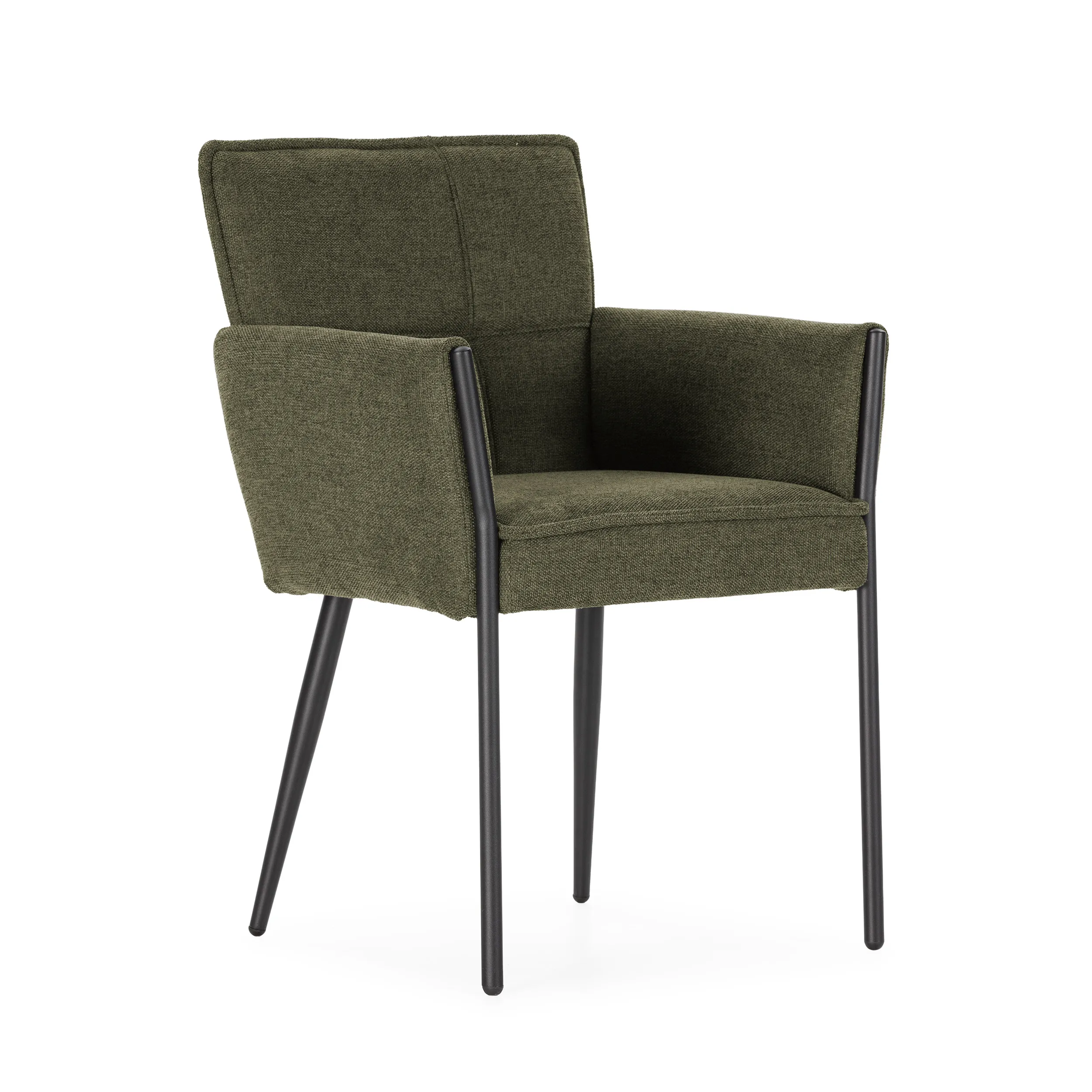 Sillón Vesta Verde tapizado con reposabrazos y estructura metálica negra