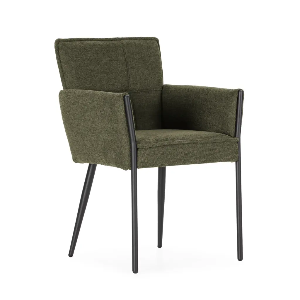 Sillón Vesta Verde tapizado con reposabrazos y estructura metálica negra