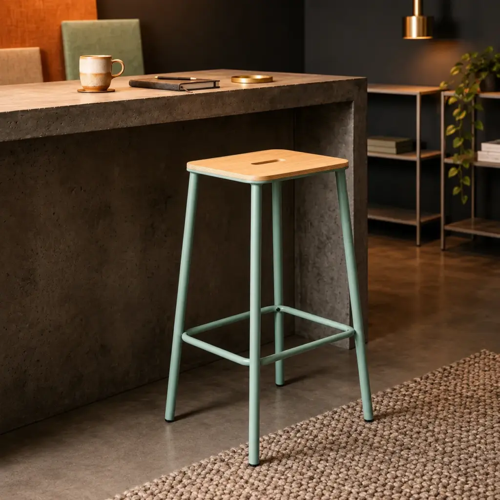 Taburete Abba Roble con estructura metálica color aguamarina y reposapiés integrado