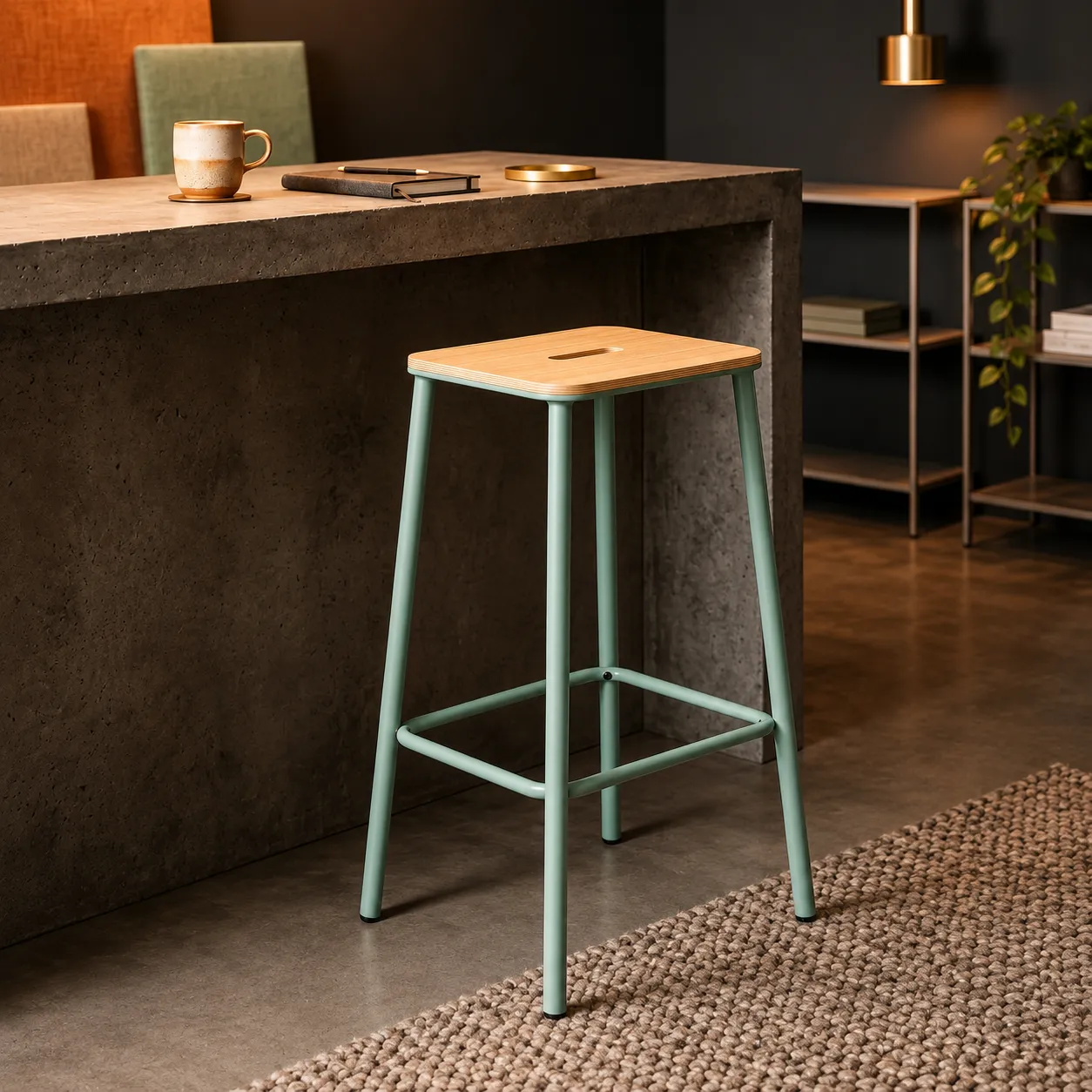 Taburete Abba Roble con estructura metálica color aguamarina y reposapiés integrado