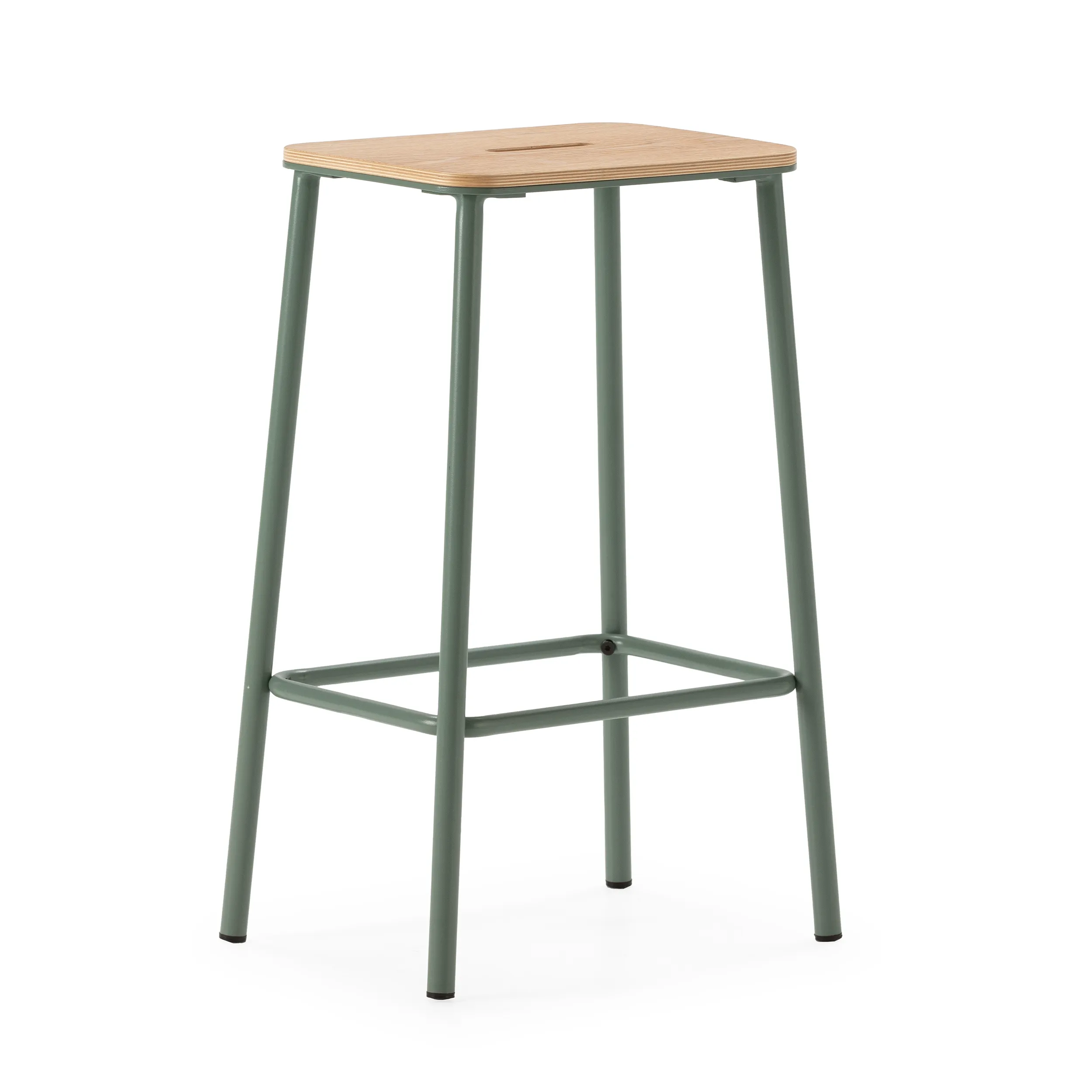 Taburete Abba Roble con estructura metálica color aguamarina y reposapiés integrado