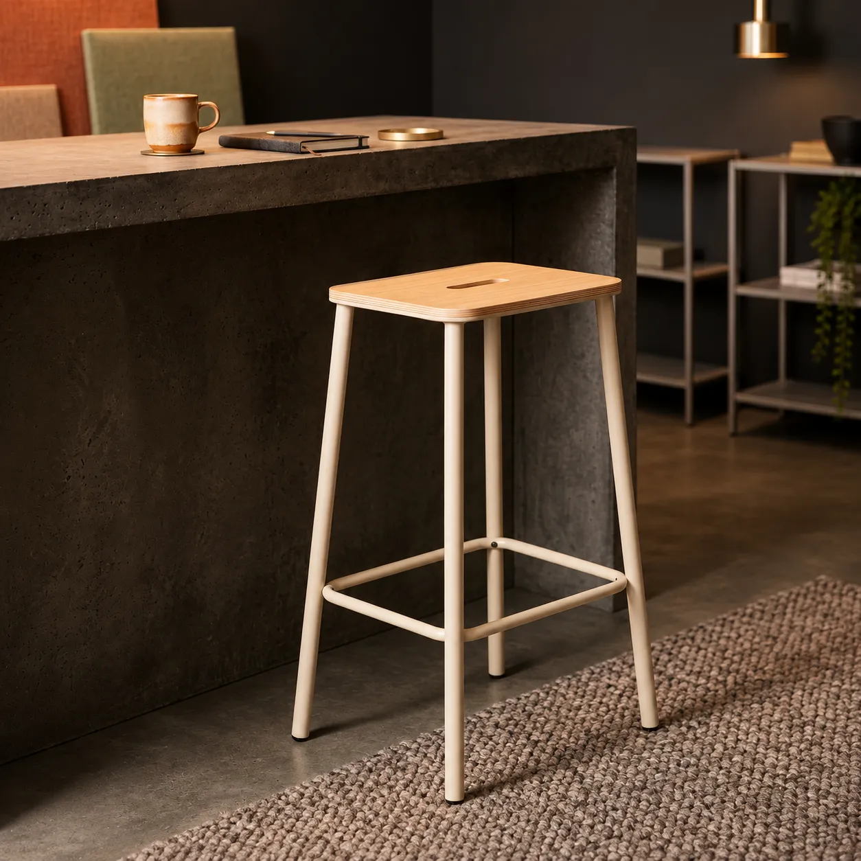 Taburete Abba Roble con estructura de metal beige y reposapiés para cocina