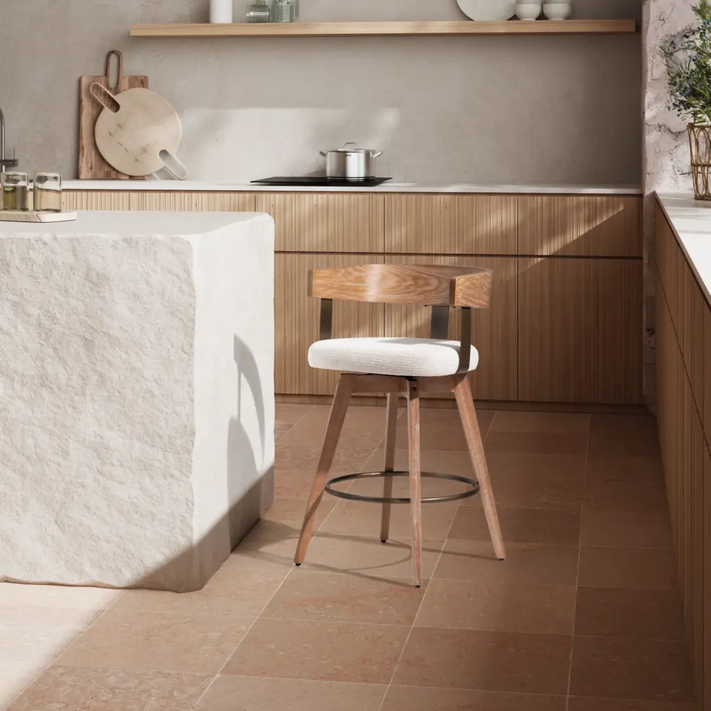 TABURETE GIRATORIO ILIA BEIGE-ROBLE LAVADO 2P-CAJA _risultato Taburete Giratorio Ilia Beige con estructura de roble lavado, respaldo de madera y reposapiés metálico