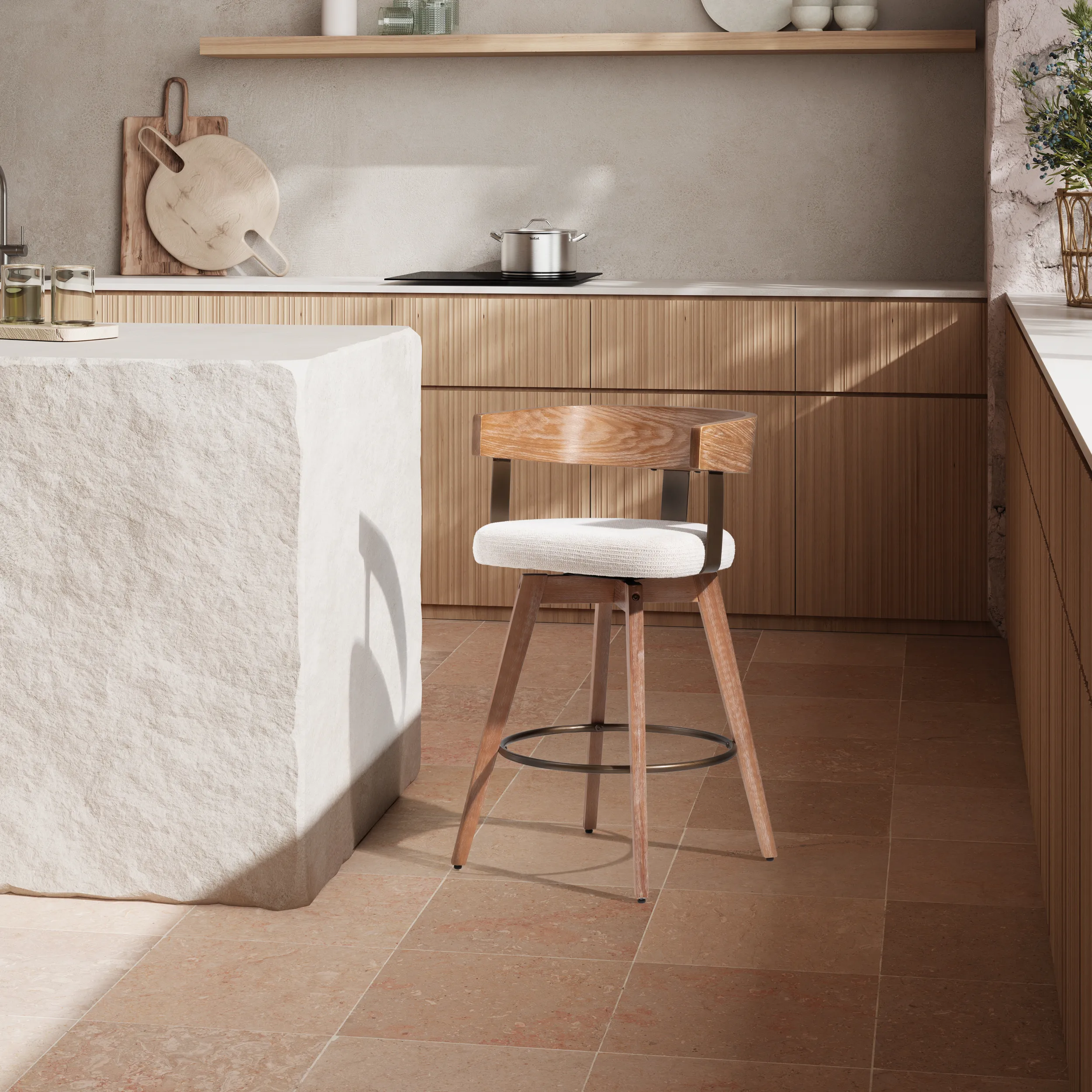 Taburete Giratorio Ilia Beige con estructura de roble lavado, respaldo de madera y reposapiés metálico