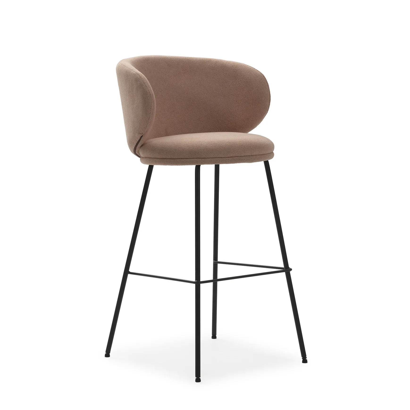Taburete Rush Rosa Claro de tela y metal, con respaldo acolchado, reposapiés integrado y diseño contemporáneo. Ideal para barras y cocinas.