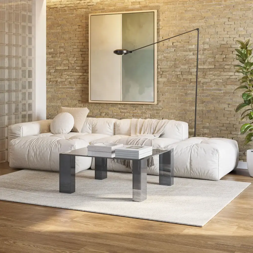 Mesa de Centro Cuadrada Verena Gris Azulado de cristal templado con estructura geométrica Mesa de Centro Cuadrada Verena Gris Azulado de cristal templado con estructura geométrica