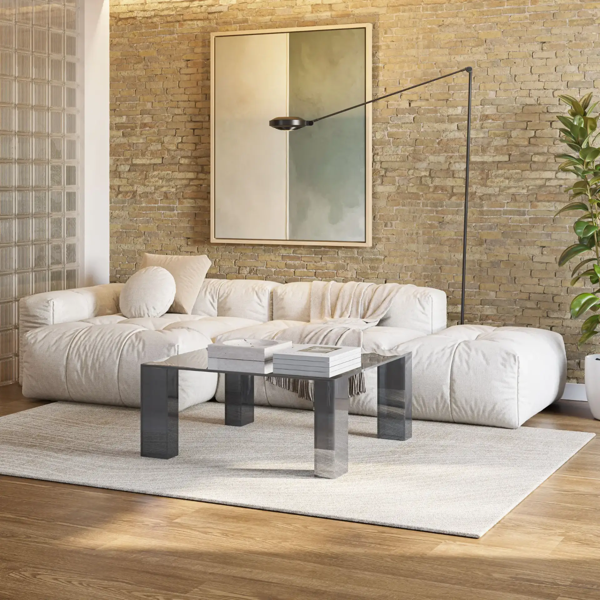 Mesa de Centro Cuadrada Verena Gris Azulado de cristal templado con estructura geométrica