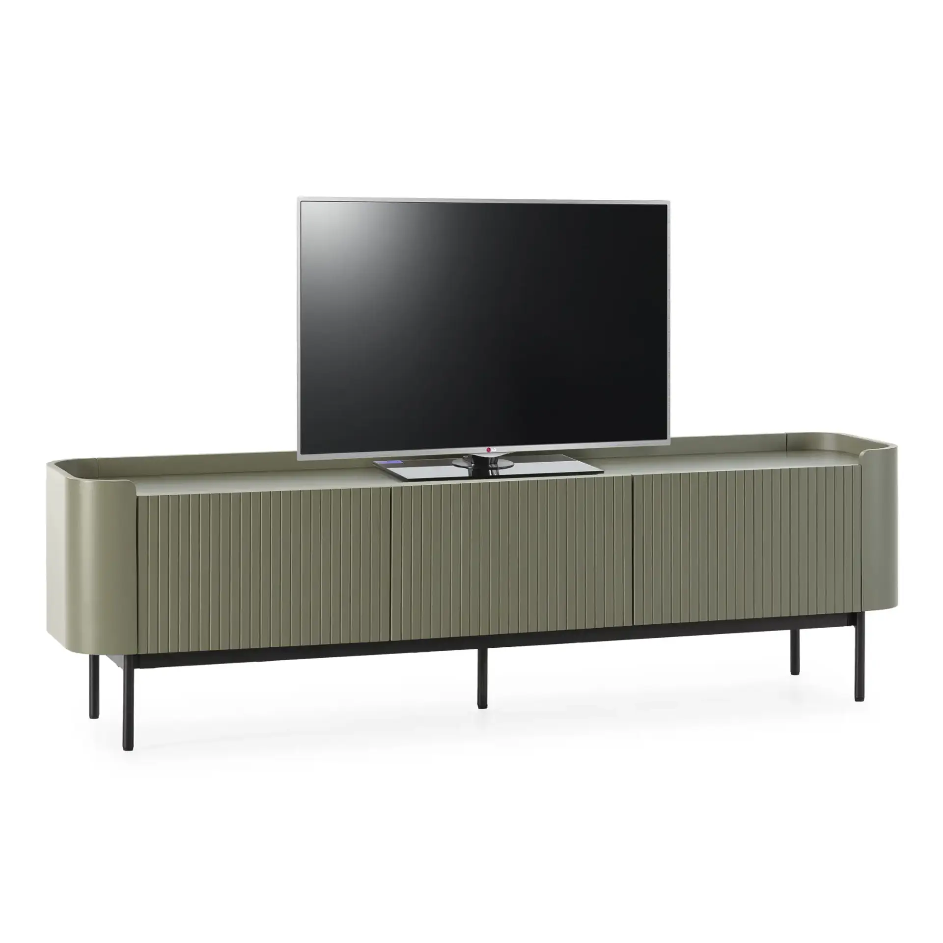 Mueble TV Willa Verde de MDF con frontal acanalado y patas metálicas
