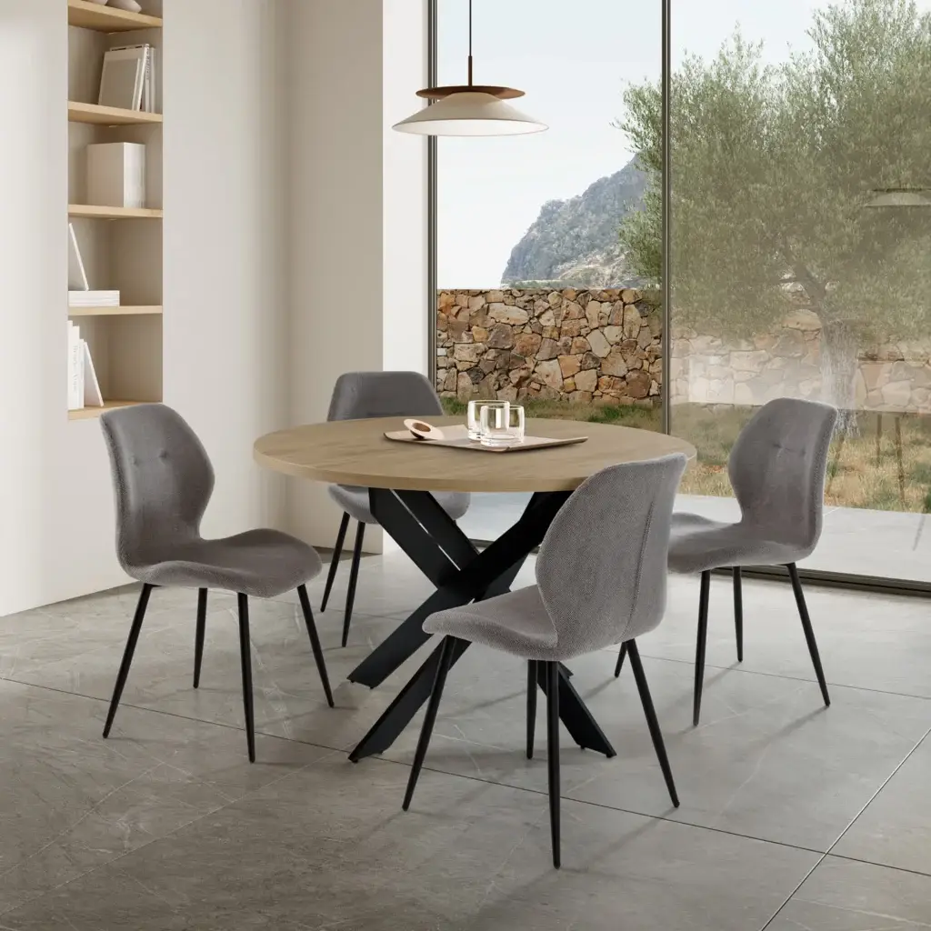 Silla Ansu Gris con asiento tapizado y patas de metal gris oscuro