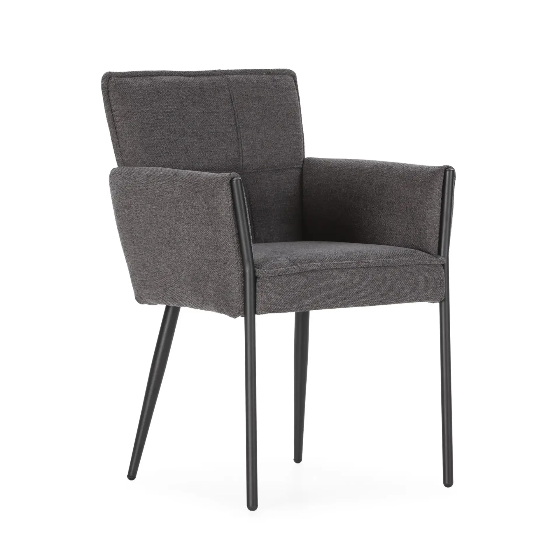 Sillón Vesta Gris Oscuro tapizado con reposabrazos y estructura metálica negra