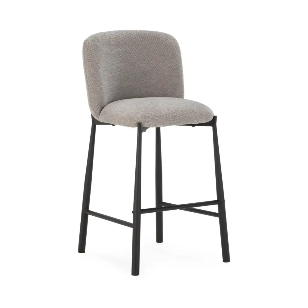 taburete1 Taburete Ginny Gris tapizado con respaldo acolchado y estructura metálica negra