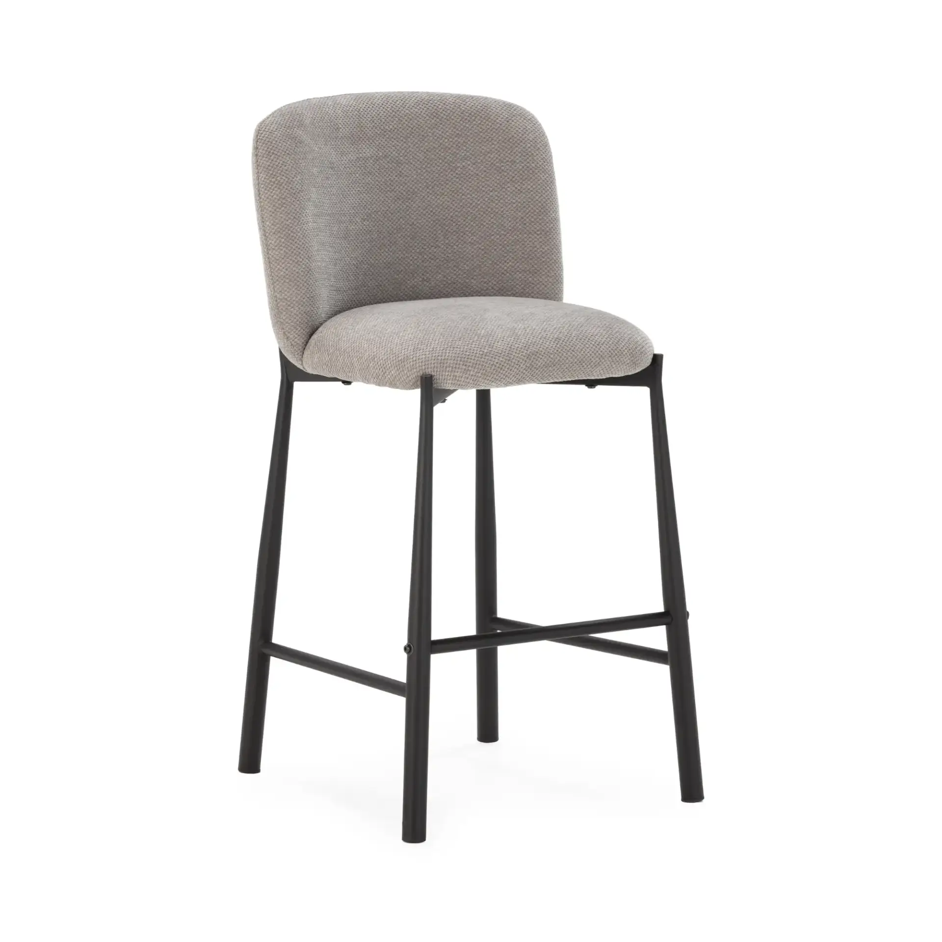 Taburete Ginny Gris tapizado con respaldo acolchado y estructura metálica negra