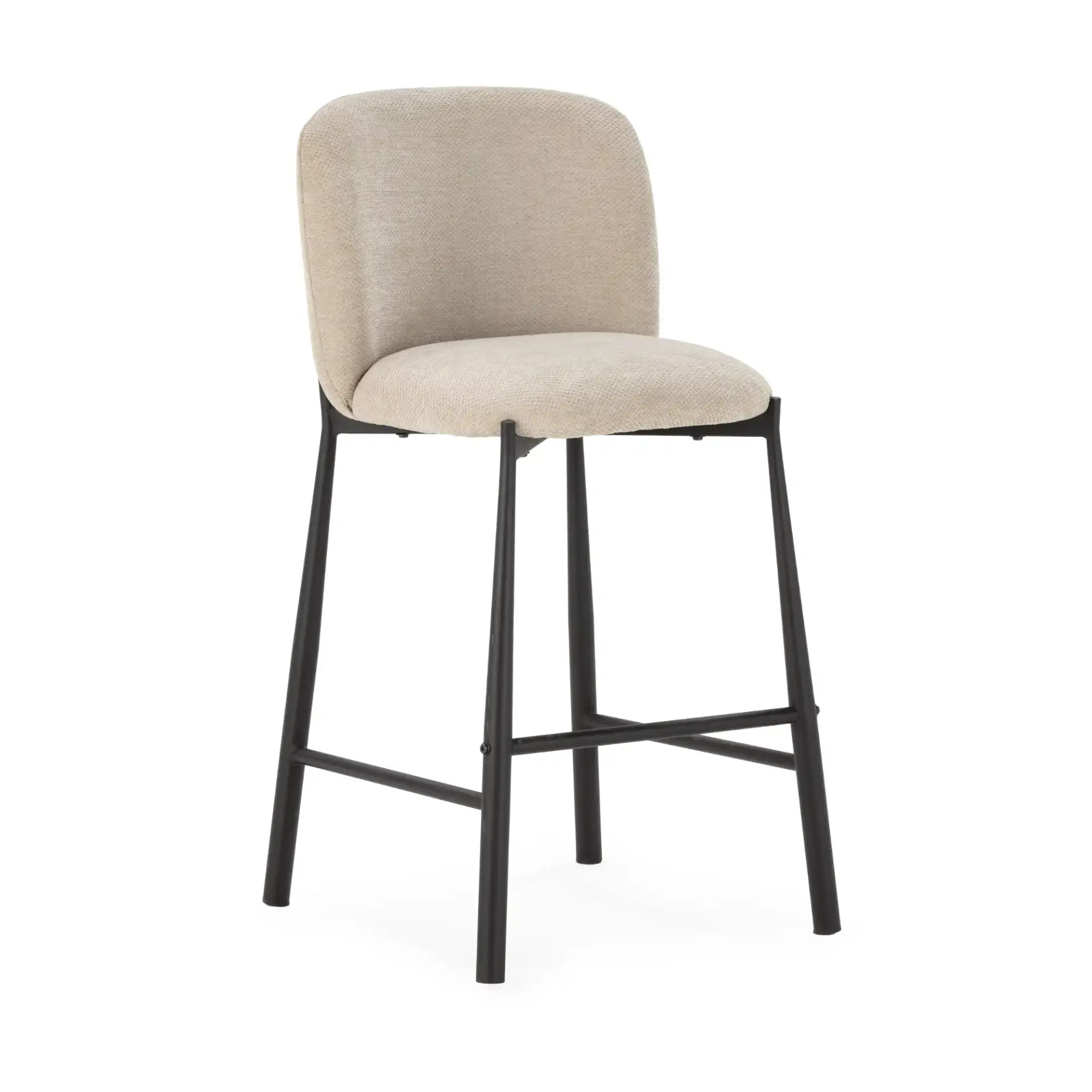 Taburete Ginny Beige tapizado con respaldo acolchado y estructura metálica negra