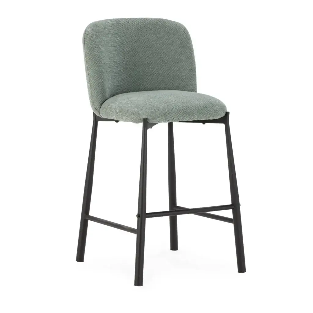 Taburete Ginny Verde Menta tapizado con respaldo acolchado y estructura metálica negra Taburete Ginny Verde Menta tapizado con respaldo acolchado y estructura metálica negra