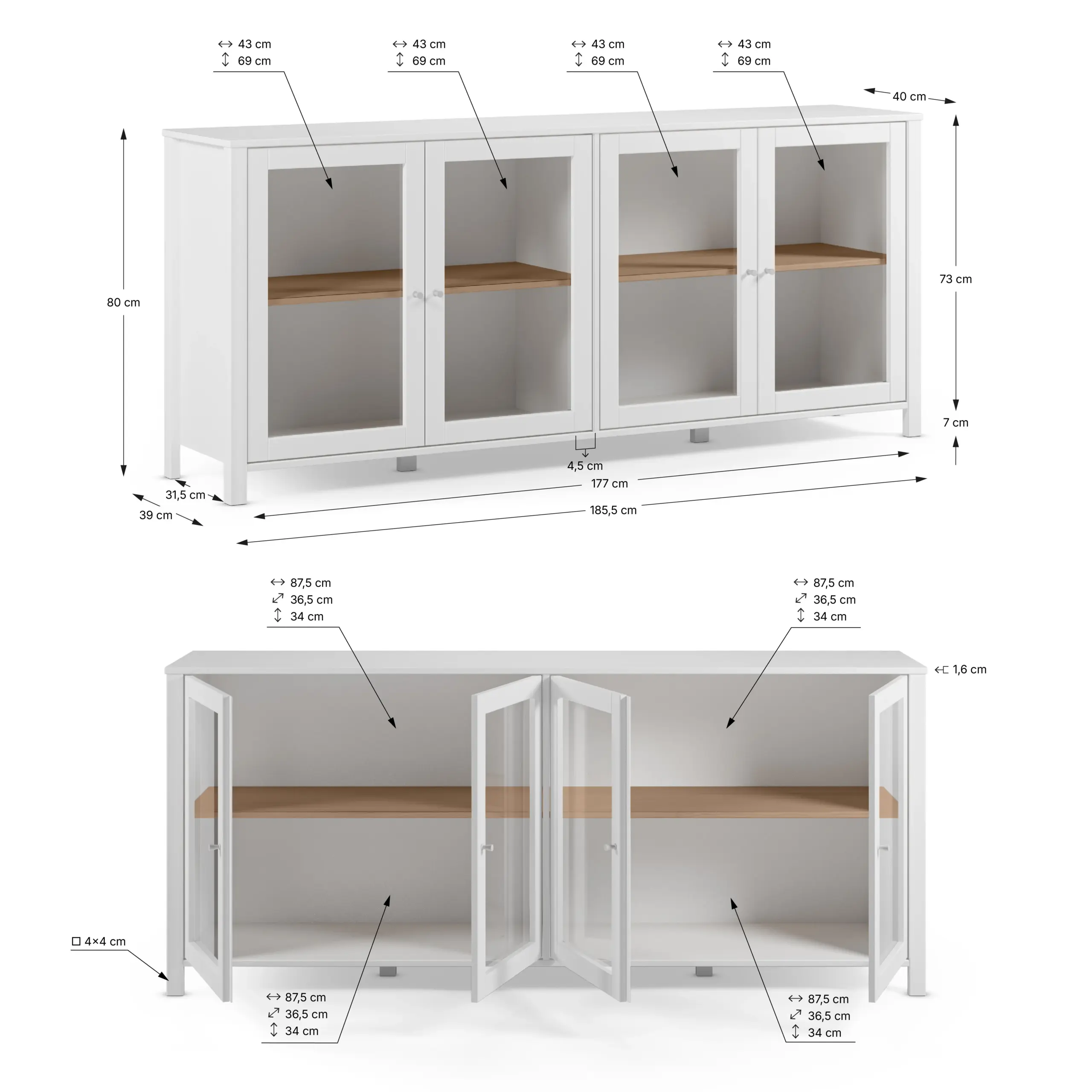 Aparador Alessandra Blanco con detalles en roble y cuatro puertas de cristal