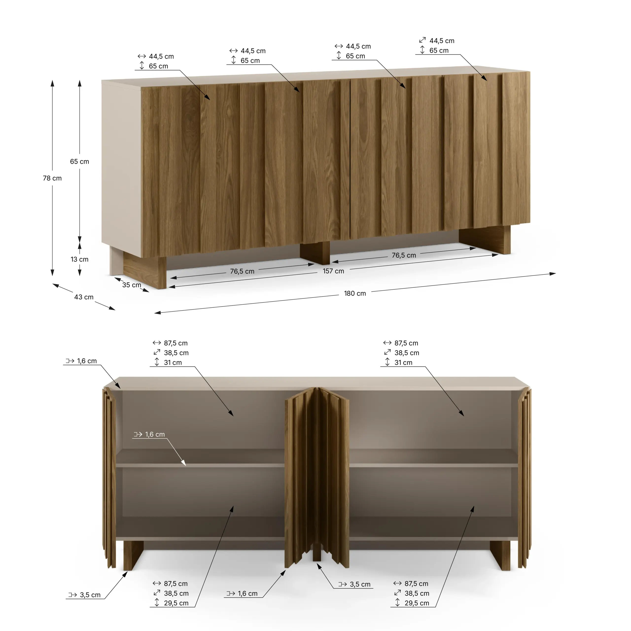 Aparador Marlo crema y roble oscuro con cuatro puertas y relieve vertical