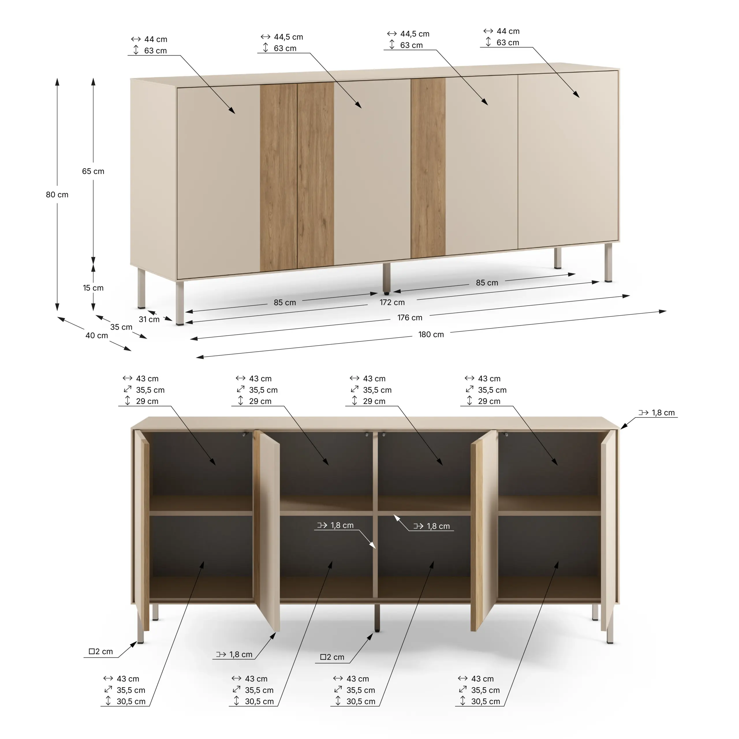 Aparador Marina 4 Puertas 180 cm Crema Sepet Pie Crema