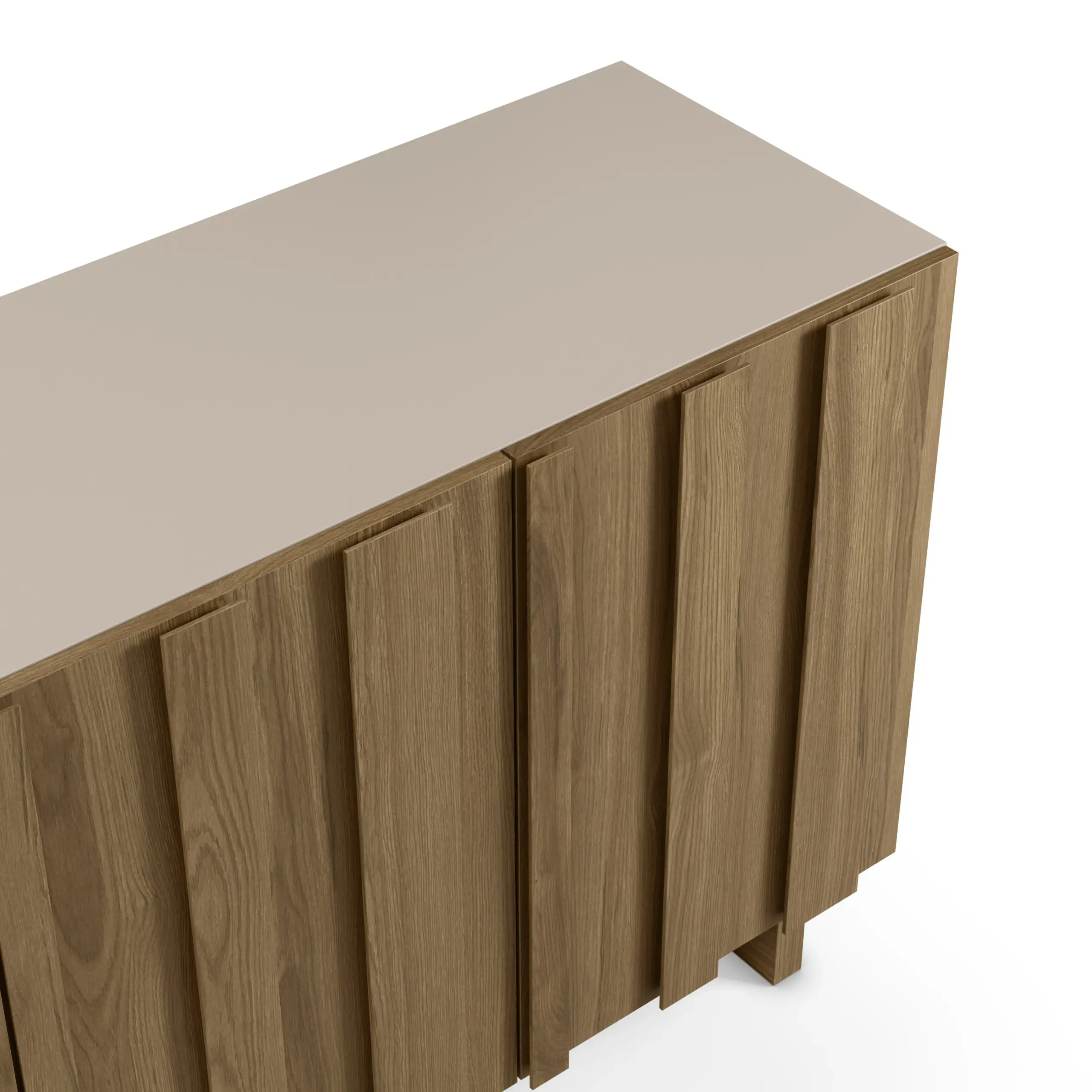 Aparador Marlo Crema Roble Oscuro de madera_risultato Aparador Marlo crema y roble oscuro con cuatro puertas y relieve vertical