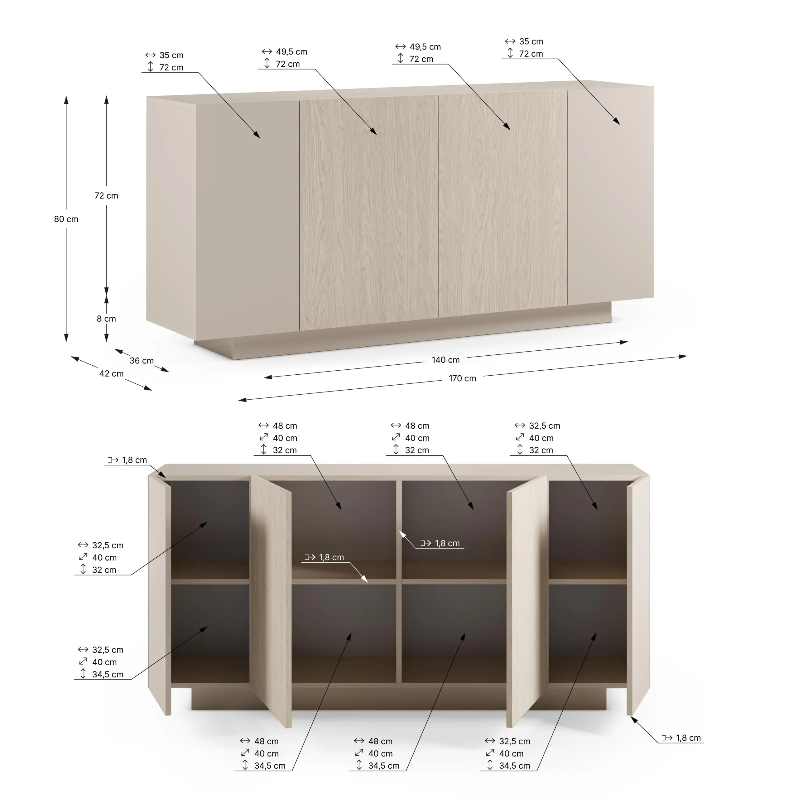 Aparador Victor 4 Puertas 170 cm Crema Pusula