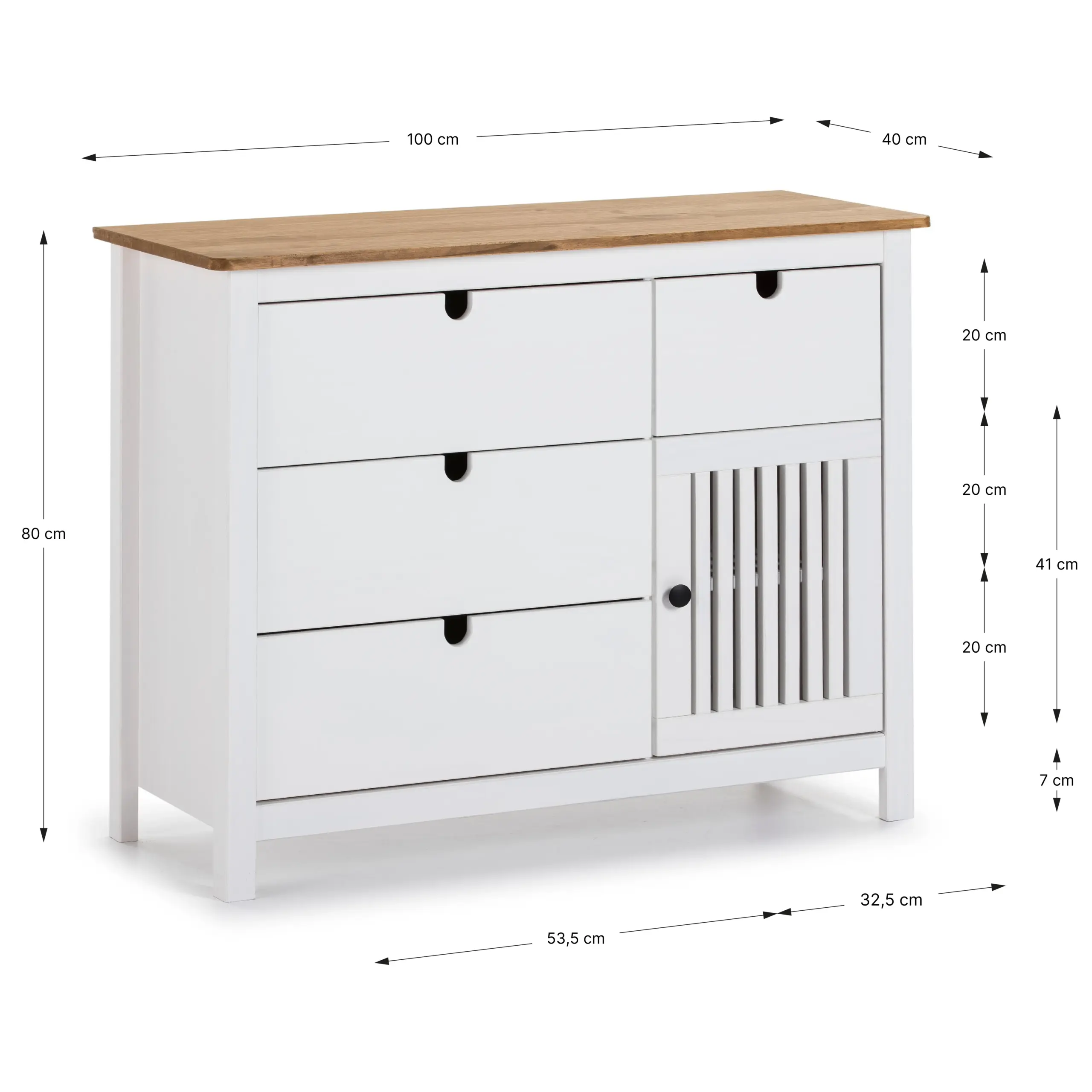 Cómoda Bruna Blanca de madera de pino con cajones y puerta con listones verticales medidas
