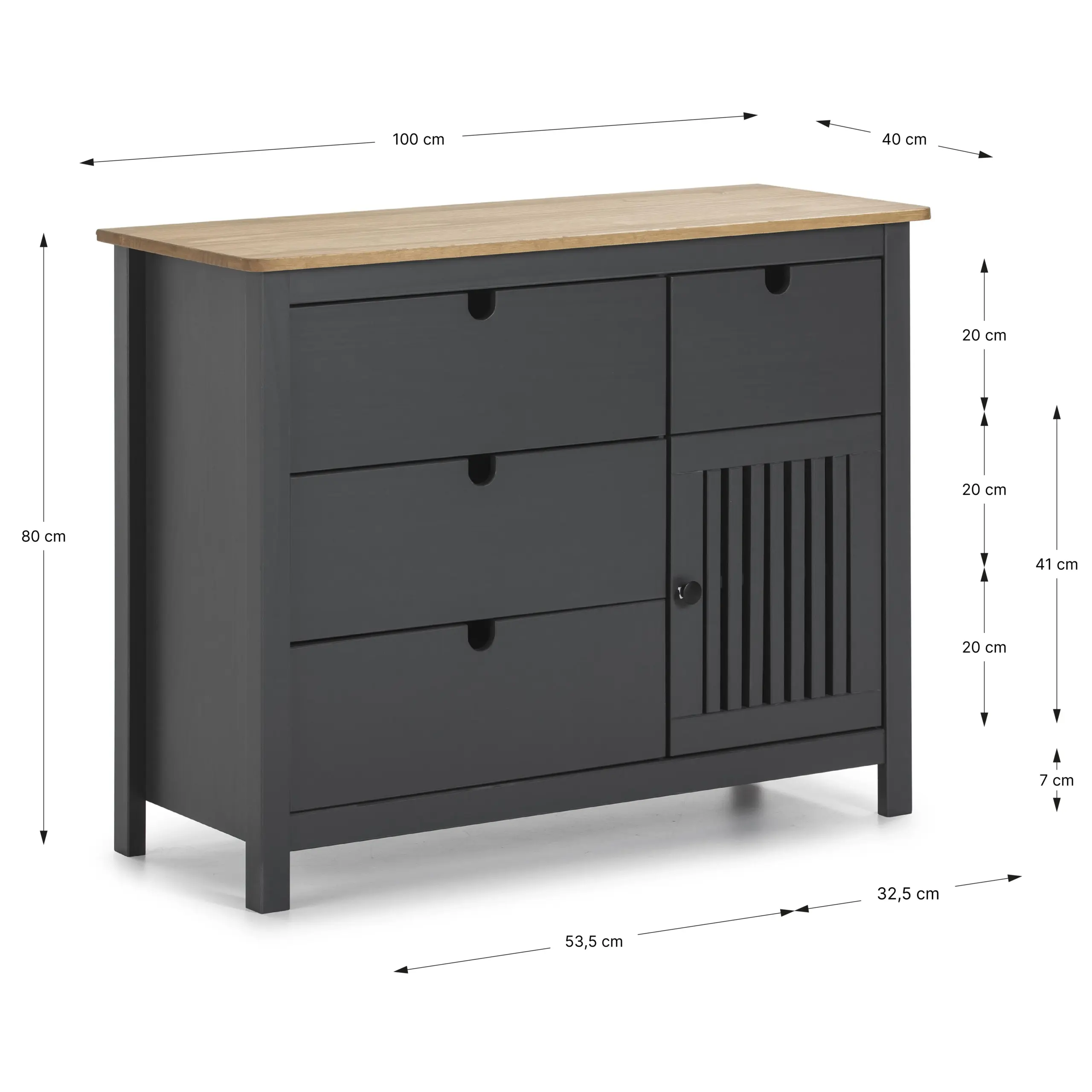 Cómoda Bruna Gris Antracita de madera de pino con cajones y puerta