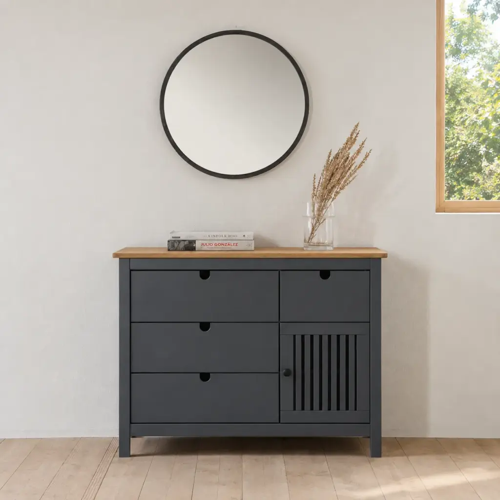 Cómoda Bruna Gris Antracita de madera de pino con cajones y puerta