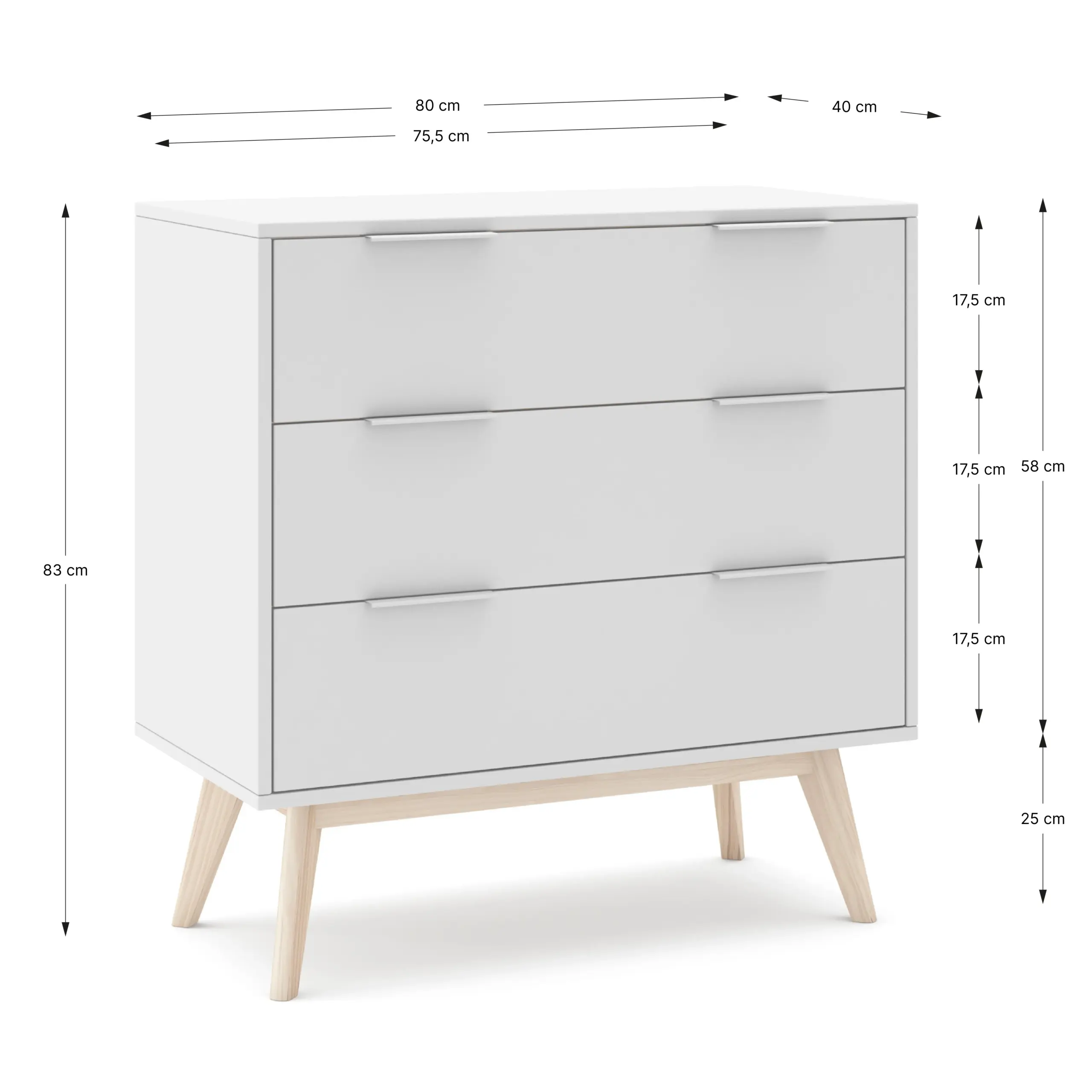 Cómoda Campus Blanco de MDF con tres cajones y patas de madera