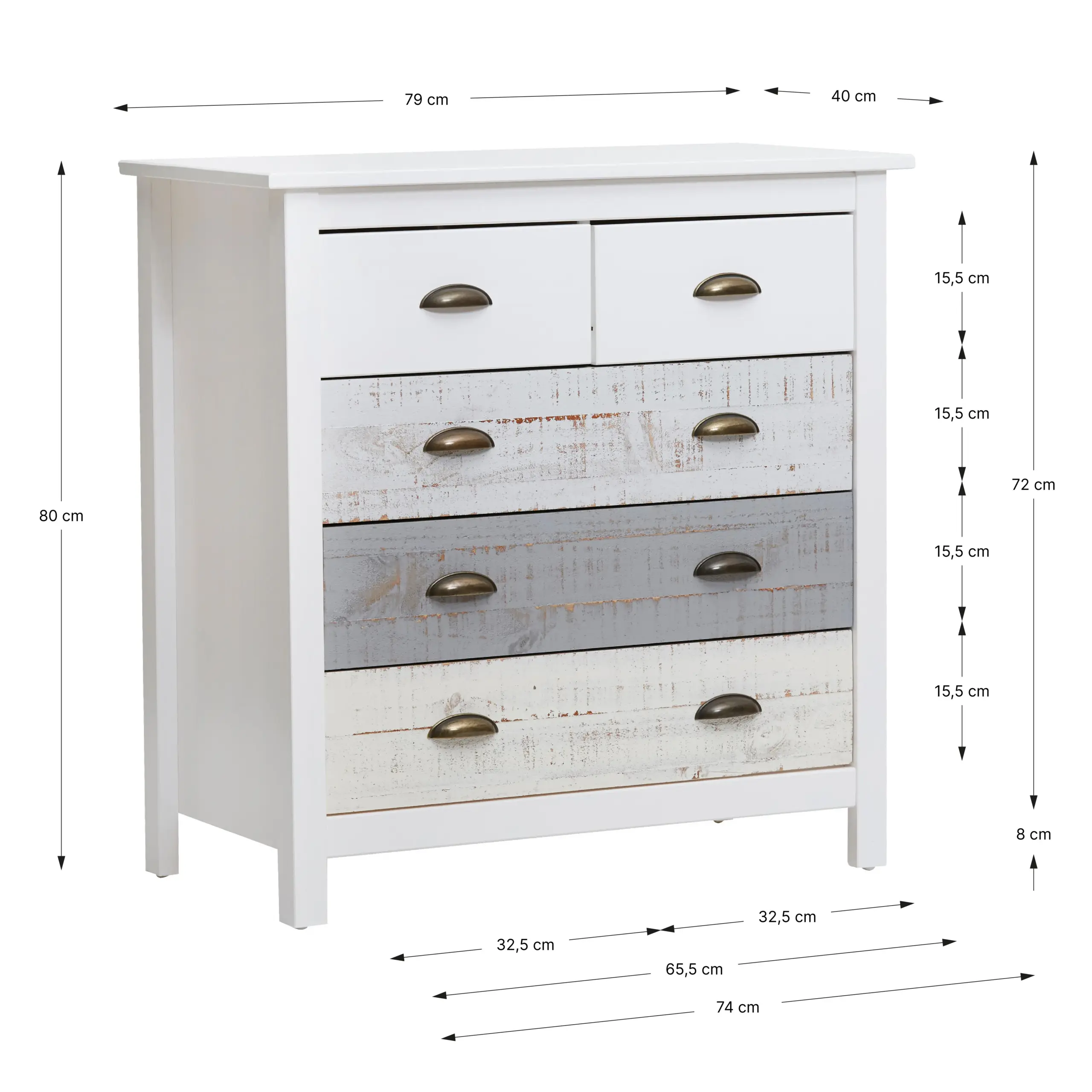 Cómoda Romántica de cinco cajones en blanco y multicolor fabricada en madera de pino