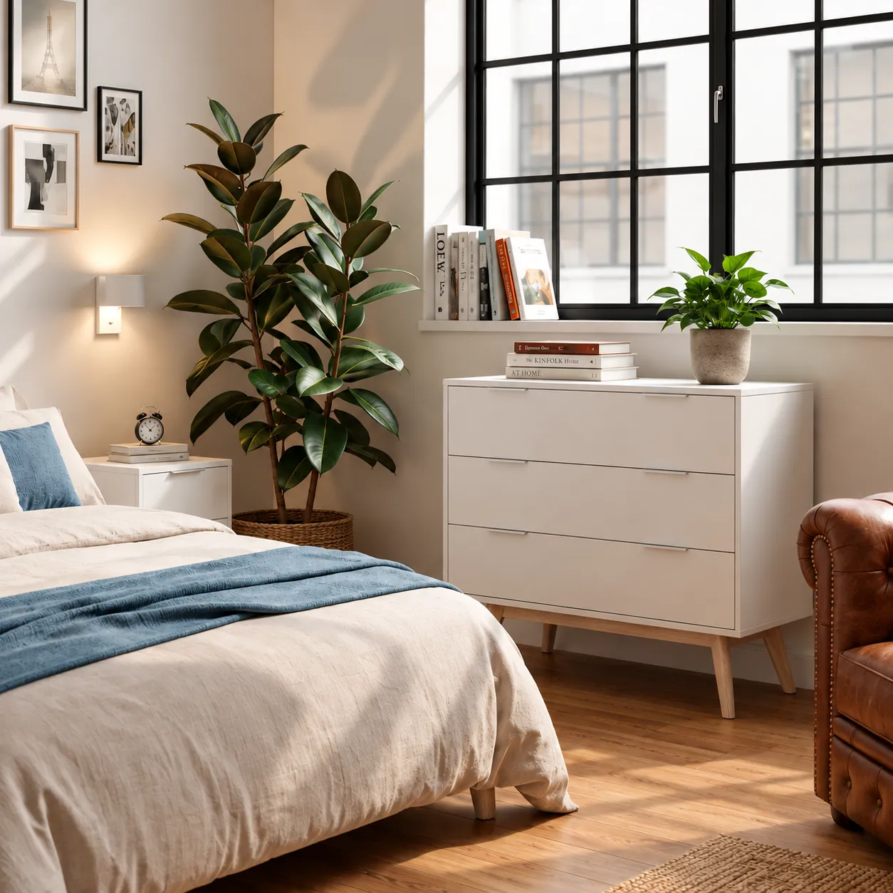 Cómoda Campus Blanco de MDF con tres cajones y patas de madera