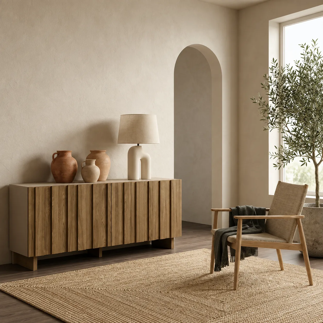 Aparador Marlo crema y roble oscuro con cuatro puertas y relieve vertical