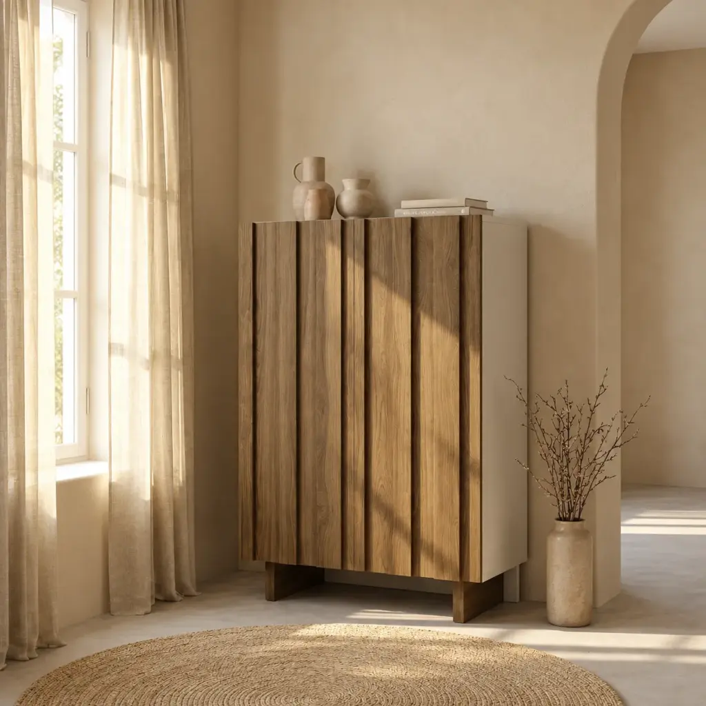 Mueble auxiliar alto Marlo crema y roble oscuro con dos puertas y relieve vertical