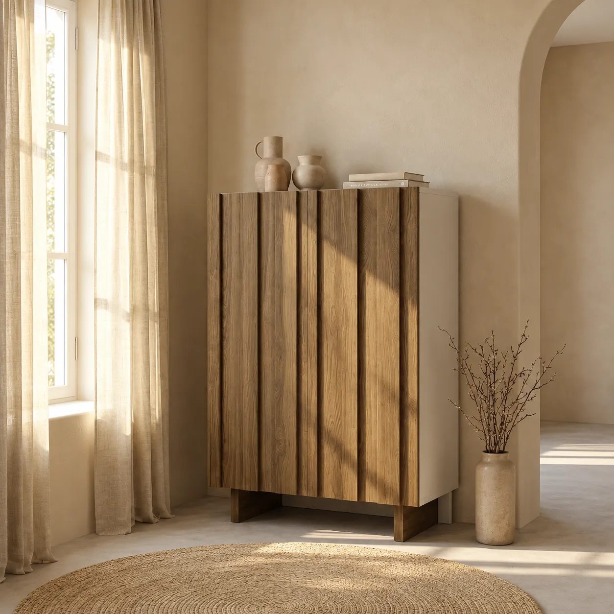 Mueble auxiliar alto Marlo crema y roble oscuro con dos puertas y relieve vertical