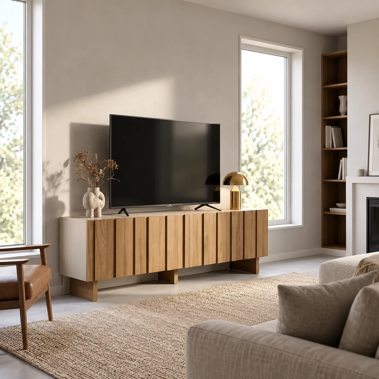 Mueble TV Marlo de cuatro puertas en crema y roble oscuro