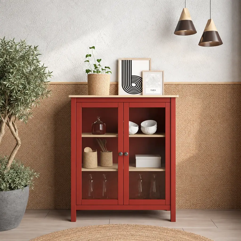 Vitrina Misti de dos puertas en burdeos y roble con cristal y estantes interiores
