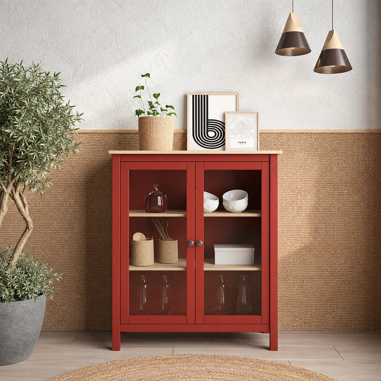 Vitrina Misti de dos puertas en burdeos y roble con cristal y estantes interiores