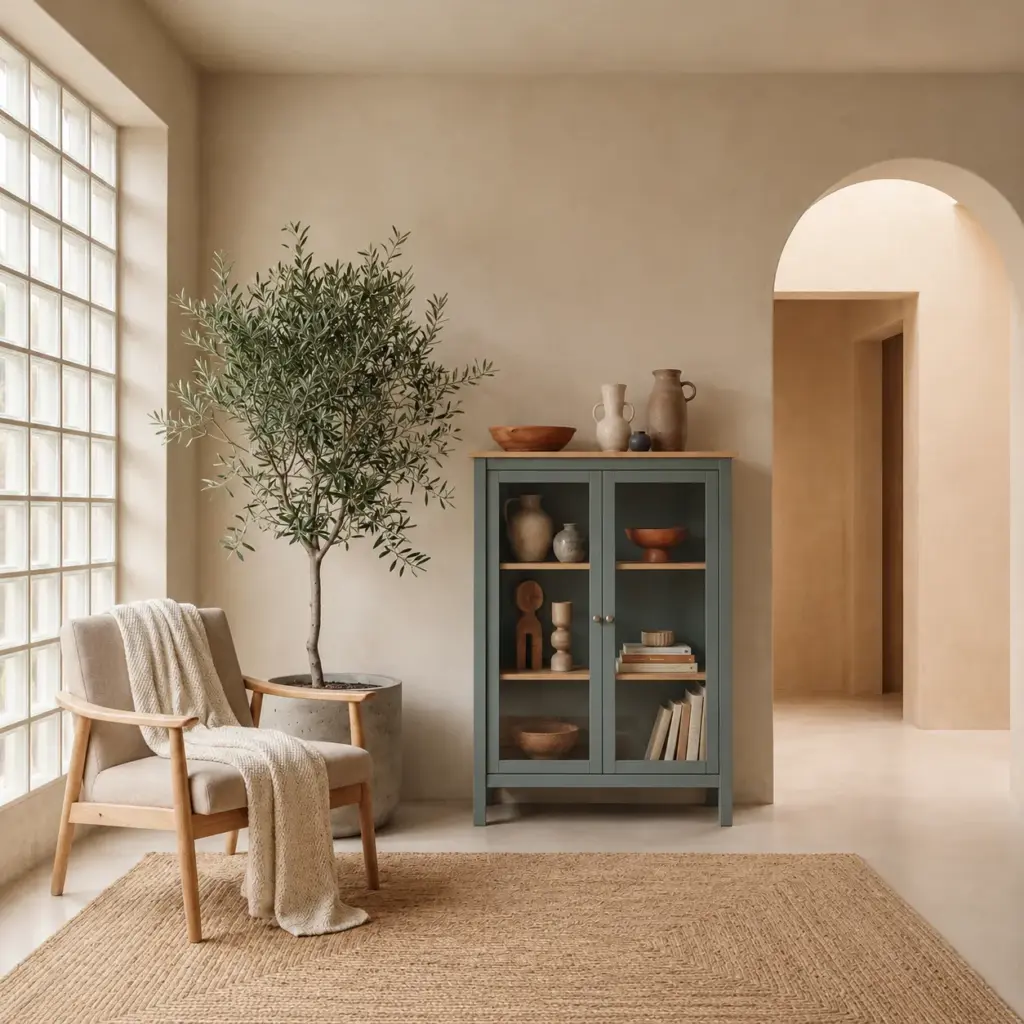 Vitrina Misti de dos puertas en verde kaki y roble con cristal y estantes interiores