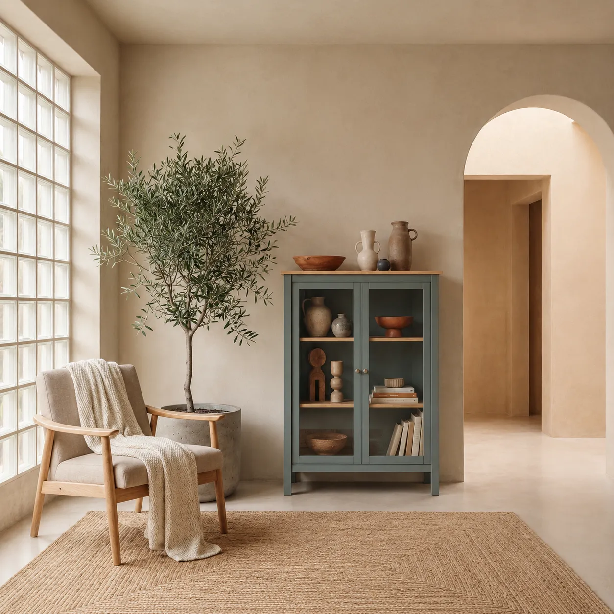Vitrina Misti de dos puertas en verde kaki y roble con cristal y estantes interiores