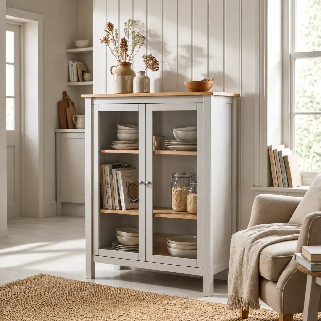 Vitrina Misti de dos puertas blanca y roble con cristal y estantes interiores Vitrina Misti de dos puertas blanca y roble con cristal y estantes interiores