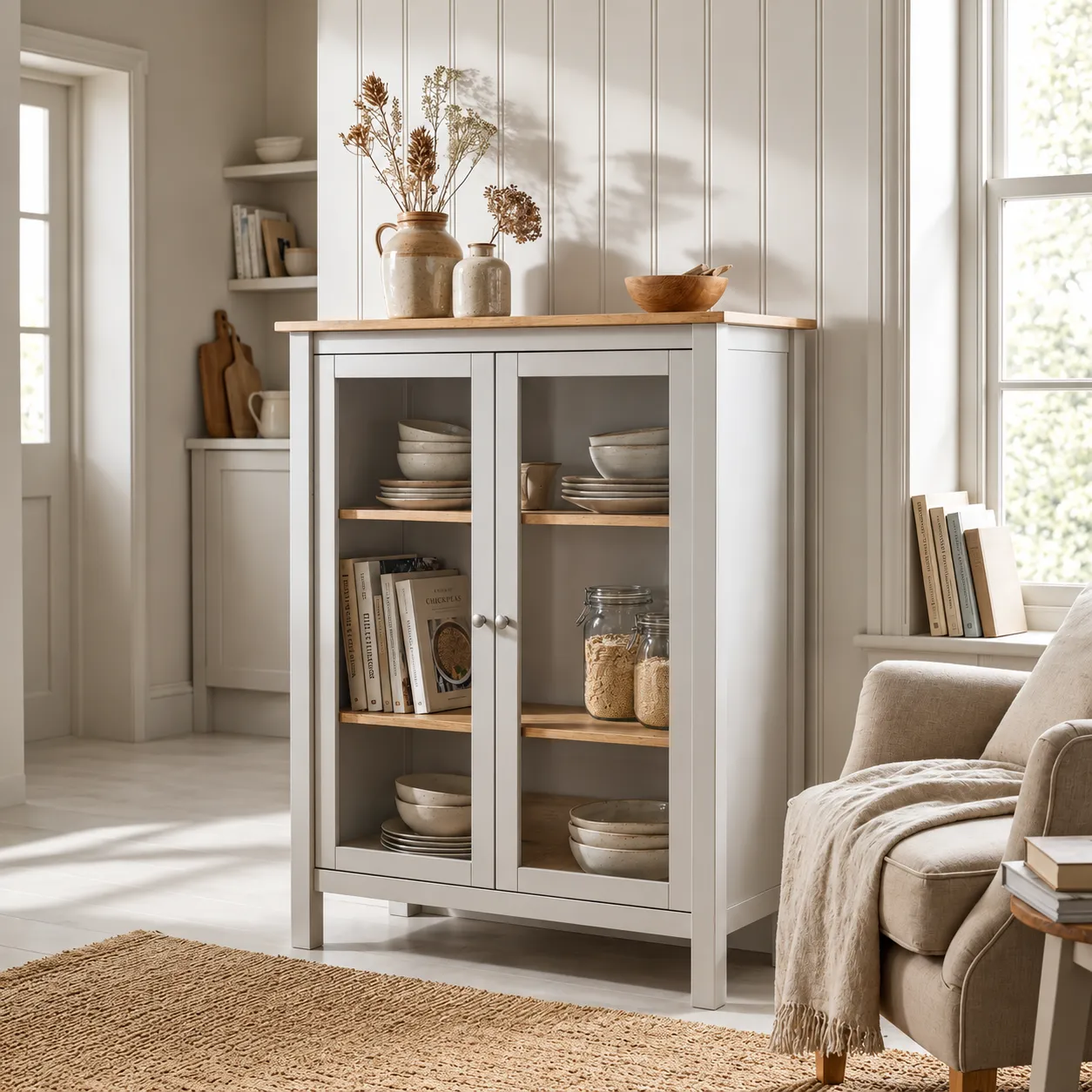 Vitrina Misti de dos puertas blanca y roble con cristal y estantes interiores